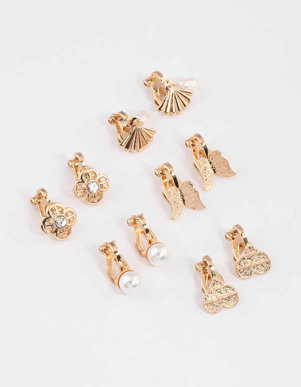 Gold Mixed Fan & Pearl Drop Earrings 5-Pack