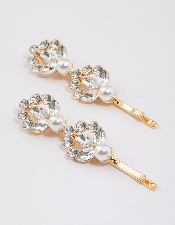 Gold Diamante & Pearl Hair Clips Pack