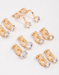 Gold Graduating Diamante Clip On Earrings 5-Pack - link has visual effect only