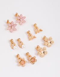 Gold Pretty Flower Clip On Earrings 5-Pack - link has visual effect only