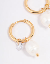 Gold Plated Stainless Steel Classic Freshwater Pearl & Cubic Zirconia Huggie Earrings - link has visual effect only
