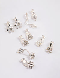 Silver Paved Heart Flower Clip On Earrings 5-Pack - link has visual effect only