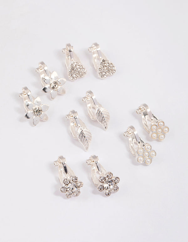 Silver Paved Heart Flower Clip On Earrings 5-Pack