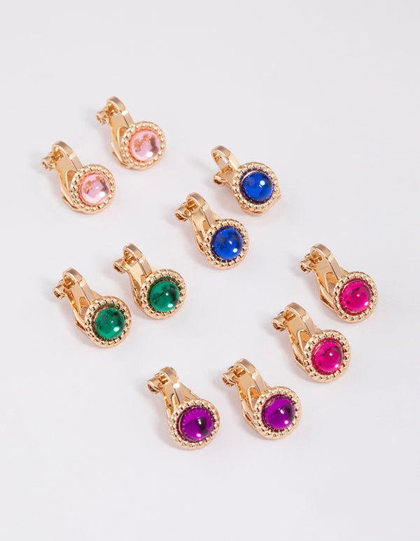 Multi-Colored Encased Diamante Clip On Earrings 5-Pack