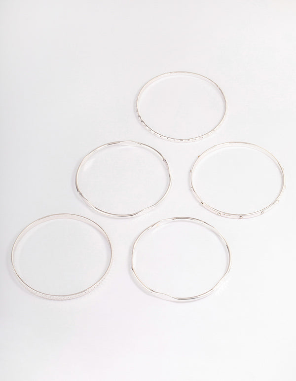 Silver Mixed Hammered Bangle 5-Pack