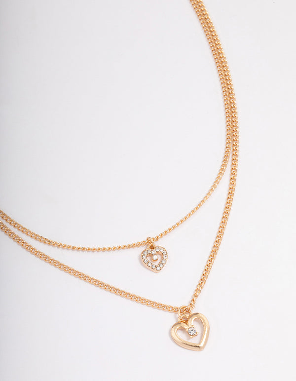 Gold Double Chain Heart Diamante Necklace