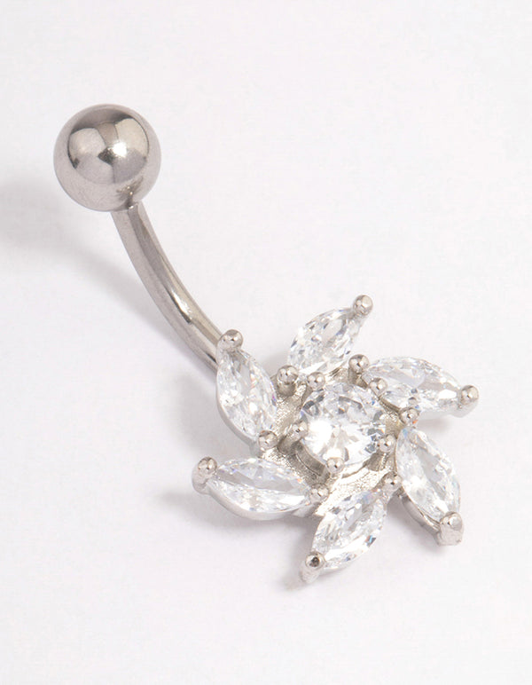 Surgical Steel Cubic Zirconia Slanted Tear Belly Ring