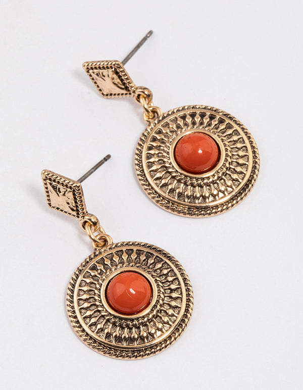 Orange Etched Stone Drop Earrings