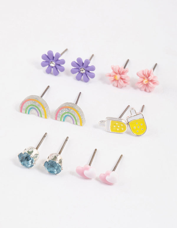 Kids Silver Rainbow Ice Cream Stud Earrings 6-Pack