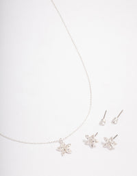 Silver Flower Earrings Jewellery Set - link has visual effect only