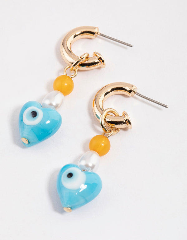 Gold Evil Eye & Heart Drop Earrings