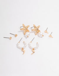 Gold Starfish Pearl Earrings 4-Pack - link has visual effect only