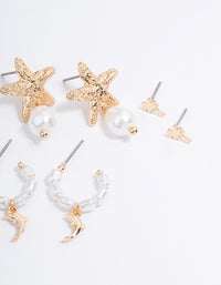 Gold Starfish Pearl Earrings 4-Pack - link has visual effect only