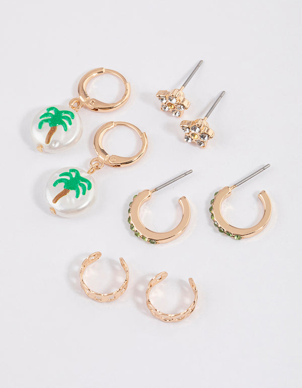 Gold Palm Tree & Pearl Earrings 4-Pack