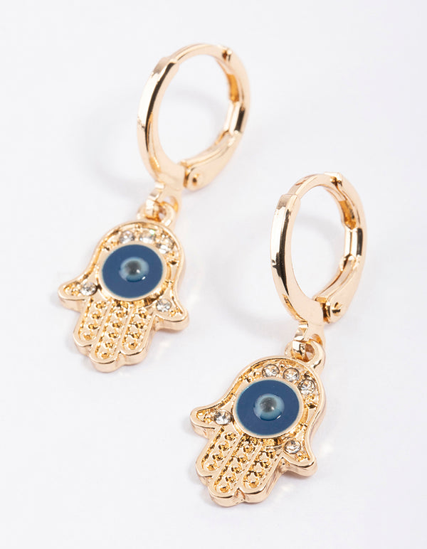 Gold Evil Eye Hand Huggie Earrings