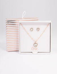 Rose Gold Heart Halo Necklace & Stud Earrings Set - link has visual effect only