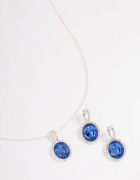 Silver Oval Blue Halo Necklace & Stud Earrings Jewellery Set - link has visual effect only