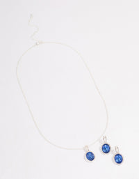 Silver Oval Blue Halo Necklace & Stud Earrings Jewellery Set - link has visual effect only