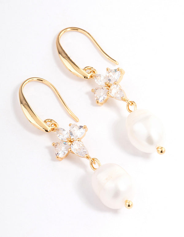 Gold Plated Cubic Zirconia & Freshwater Pearl French Drop Earrings