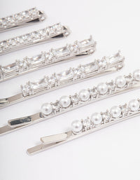 Silver Plated Cubic Zirconia Mixed Stone & Pearl Hair Clips 6-Pack - link has visual effect only