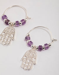 Silver Amethyst Beaded Texture Hoop Earrings - link has visual effect only