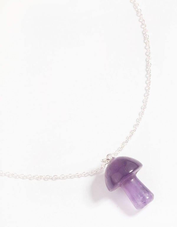 Silver Amethyst Moon & Mushroom Pendant Necklace