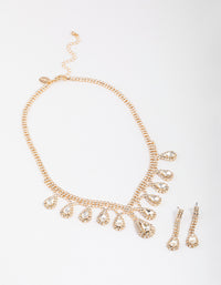 Gold Diamante Surrounded Teardrop Earrings & Necklace Set - link has visual effect only