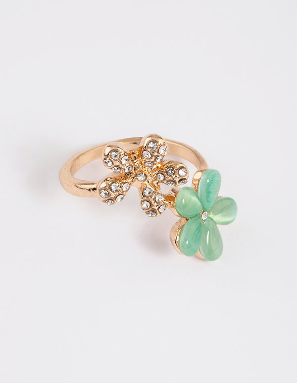 Gold Diamante & Cats Eye Flower Ring