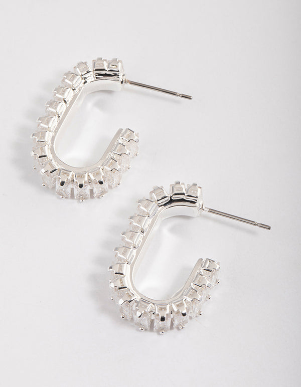 Silver Plated Oval Horizontal Baguette Hoop Earrings