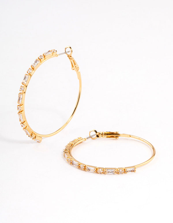 Gold Plated Round & Baguette Large Hoop Earrings