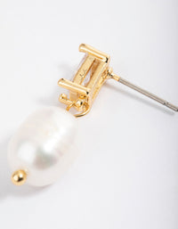 Gold Plated Cubic Zirconia Baguette & Freshwater Pearl Drop Earrings - link has visual effect only