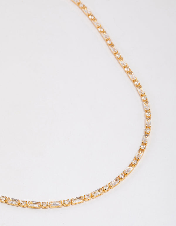 Gold Plated Cubic Zirconia Round & Baguette Tennis Necklace