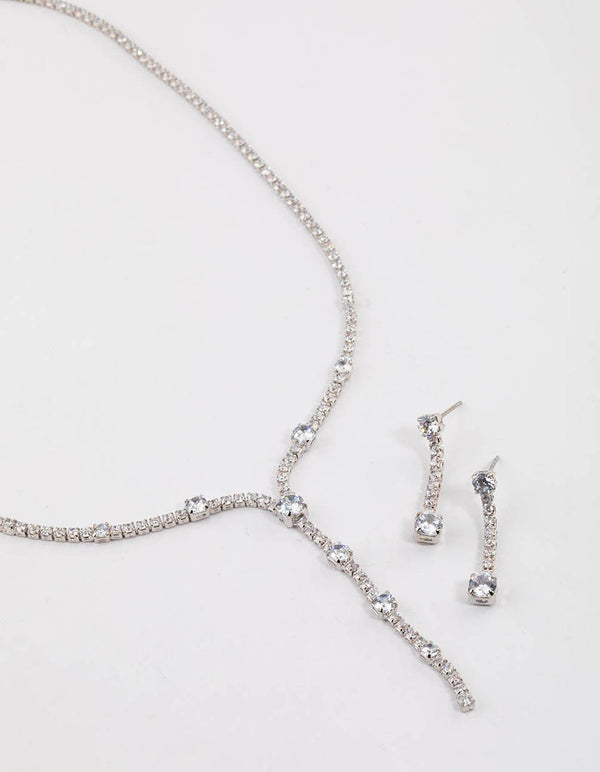 Silver Cubic Zirconia Mixed Y-Necklace & Earrings Set