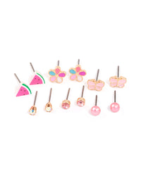 Kids Pink Watermelon & Flower Stud Earrings 6-Pack - link has visual effect only