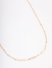 Gold Pearl Rectangle Link Short Necklace - link has visual effect only