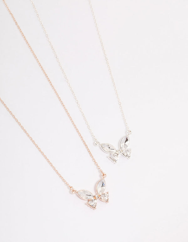 Mixed Metal Diamante Butterfly Necklace Pack