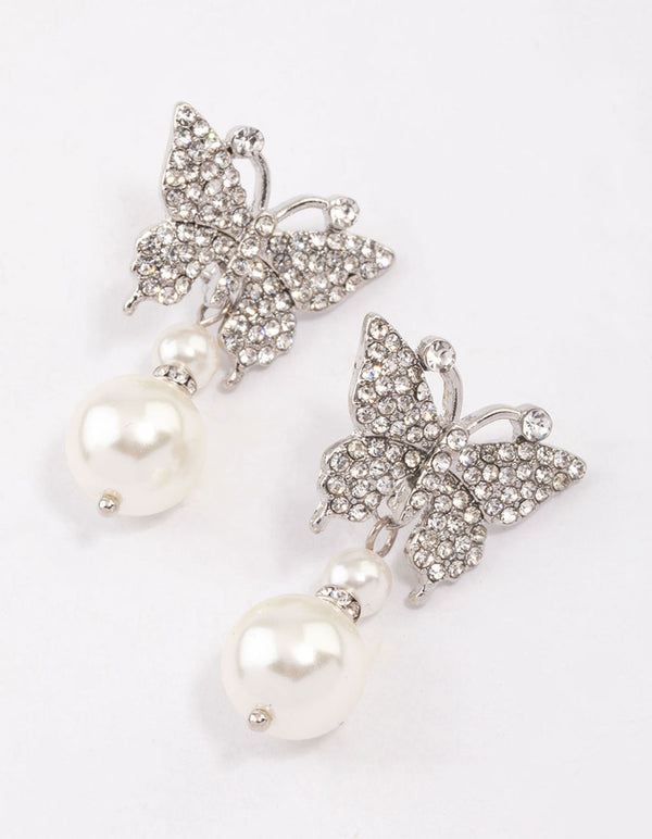 Rhodium Butterfly & Pearl Drop Earrings