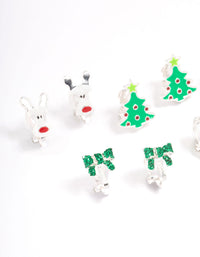 Kids Christmas Glitter Bow Clip On Earrings 5-Pack - link has visual effect only