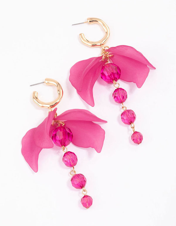 Gold Pink Petal Facet Beaded Drop Earrings