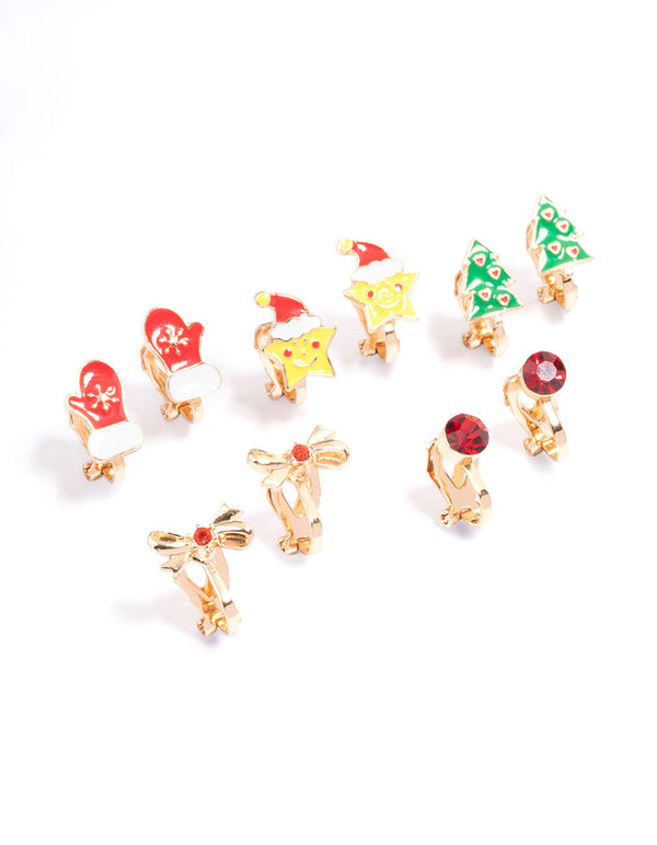 Kids Christmas Star Clip On Earrings 5-Pack