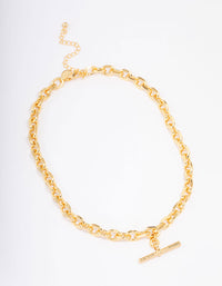 Gold Plated Link T Bar Chain Necklace - link has visual effect only