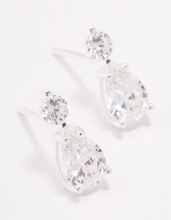 Sterling Silver Round Cubic Zirconia Pear Drop Earrings