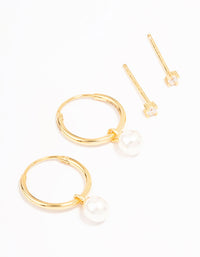 Gold Plated Sterling Silver Cubic Zirconia & Pearl Huggie Earring Pack - link has visual effect only