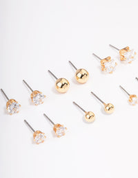 Gold Plated Cubic Zirconia & Ball Stud Earrings 6-Pack - link has visual effect only