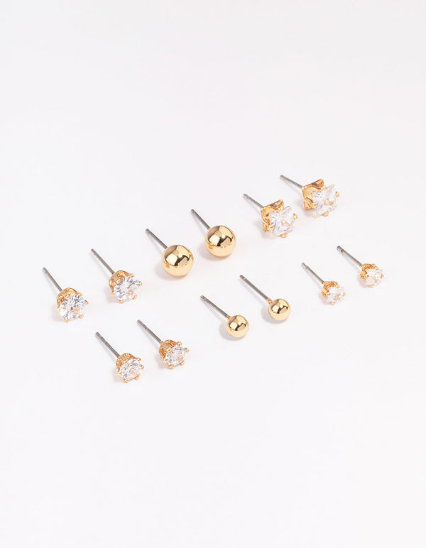 Gold Plated Cubic Zirconia & Ball Stud Earrings 6-Pack