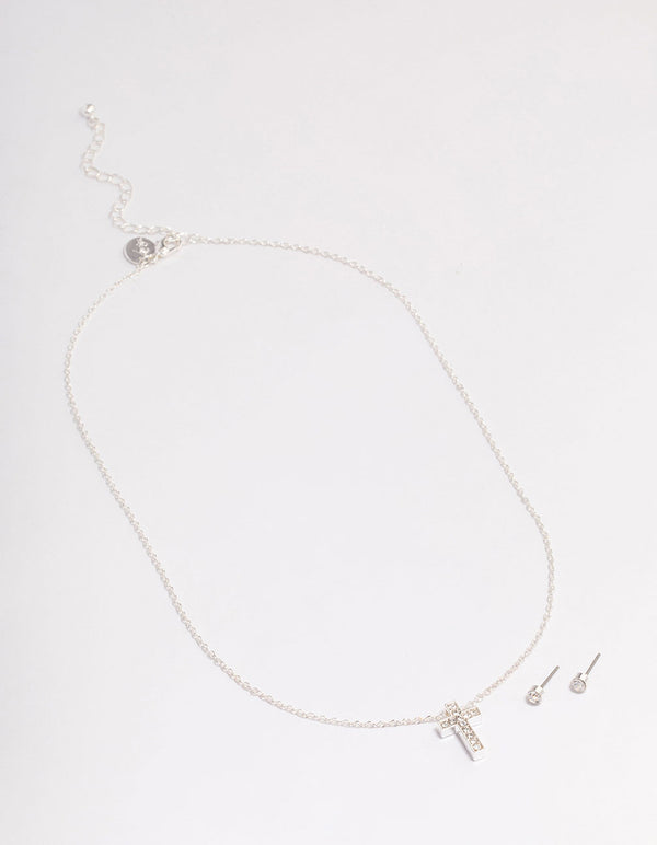 Silver Diamante Cross Jewellery Set