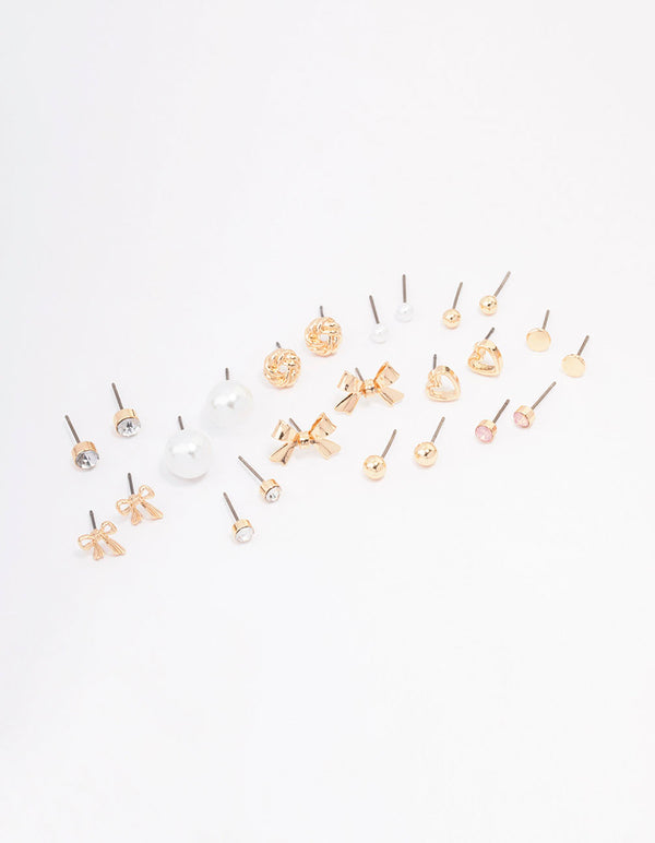 Gold Bow Pearl & Heart Earring 12-Pack