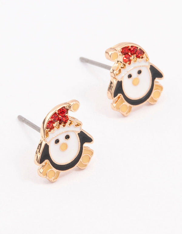 Gold Christmas Penguin Stud Earrings