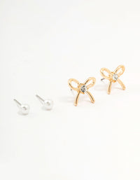 Gold Pearl Heart Bow Earrings 3-Pack - link has visual effect only