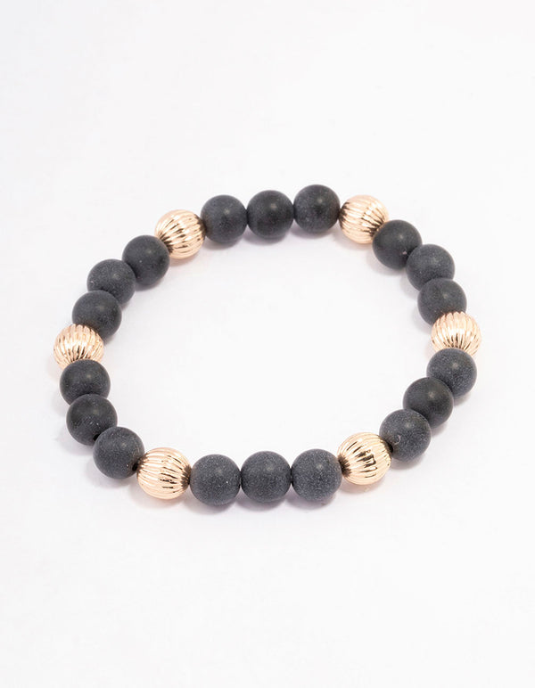 Gold Wide Etched Black Bead Bracelet